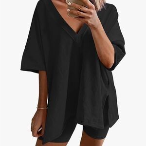 Black V-Neck Oversized Top with Bike Shorts Set